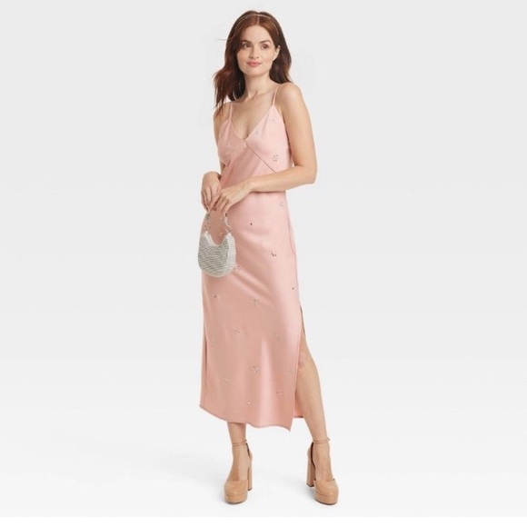 a new day Dresses & Skirts - A new day blush pink satin slip midi dress embellished with large rhinestone gem